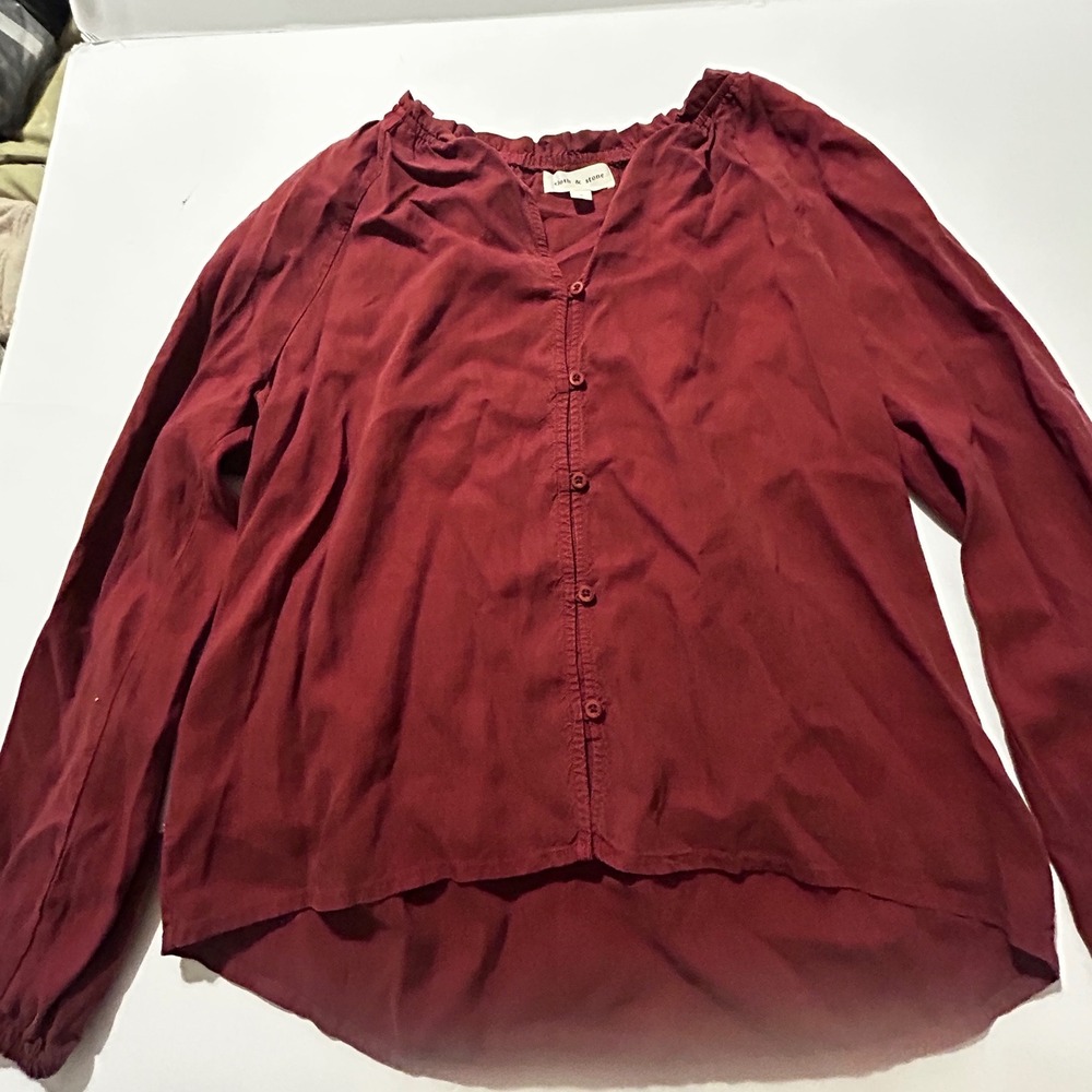 Cloth & Stone Burgundy Tencel Ruffle Neck Button Down Blouse Small Peasant Boho